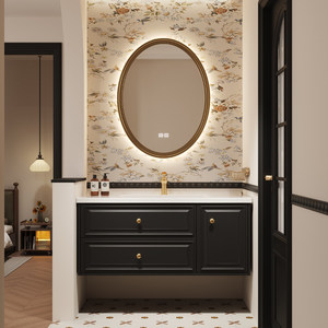 French retro ceramic integrated basin intelligent lighting <b>mirror</b> solid wood American style light luxury bathroom cabinet - Product Image 4