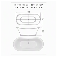Baignoire traditionnelle à double pédale, à bords roulés, blanche, sur piédestal, pour immersion profonde, tailles personnalisées 160cm 170cm