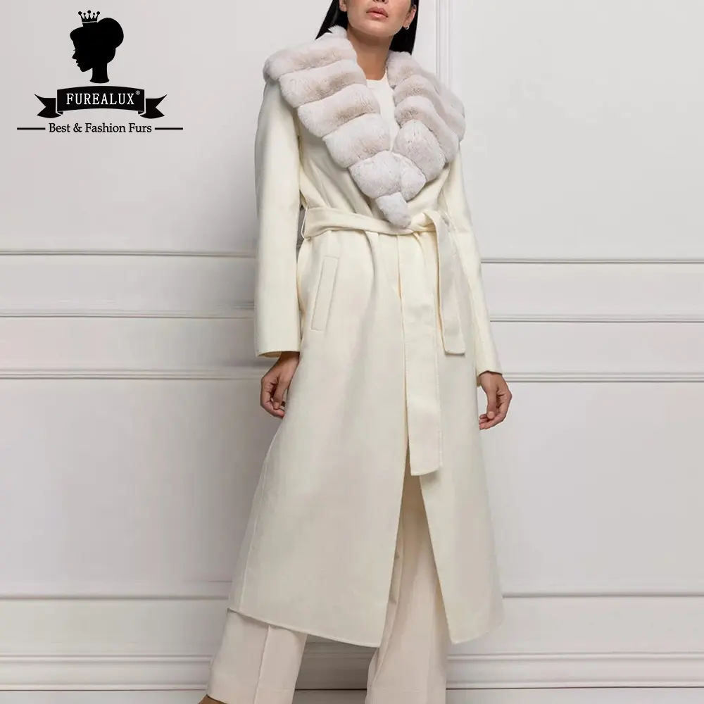 110cm bahar sonbahar ceket moda zarif bayan beyaz yün ceket gerçek Rex tavşan kürk yaka kaşmir kemer yaka hırka ceket