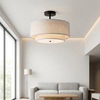 Plafonnier moderne à deux niveaux en forme de tambour, semi-encastré, avec abat-jour en métal noir et en tissu pour chambre à coucher
