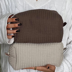 Bolsa de Maquillaje de Viaje con Cierre y Logotipo Personalizado de Fábrica, Bolsa de Cosméticos de Algodón Suave Clásico con Diseño de Waffle para Mujer - Product Image 1
