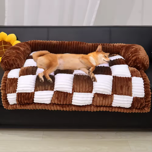 Luxe katoenen hondenbankhoes crèmekleurig groot geruit vierkant design zacht en ademend beschermend hondenmatras hoes - Product Image 5