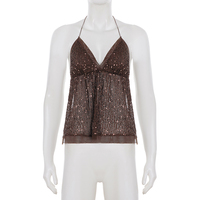 Débardeur sexy Y2K pour femme, col en V, dos nu, broderie de sequins, perles, dentelle scintillante, patchwork tissé, 100 % polyester écologique