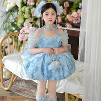Robe de princesse bleue à bulles pour filles, épaules dénudées, tutu, robe de soirée formelle pour enfants, garniture en perles