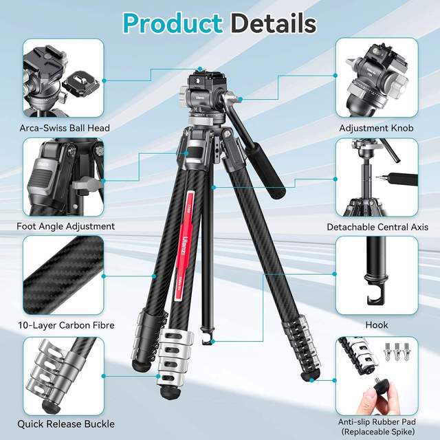 Ulanzi TT09 VideoGo Carbon Fiber Travel Tripod with 360° Panoramic Integrated Leveling Bowl Arca/Claw/F38 Quick Release for DSLR