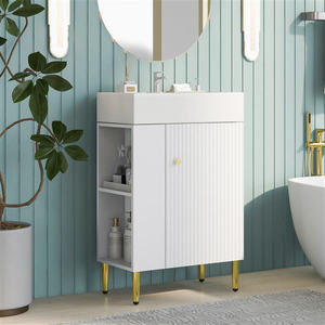 Meuble-lavabo blanc pour salle de bain, 21,6 pouces, avec lavabo simple en céramique, rangement latéral gauche, design moderne sur pied - Product Image 3