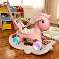 Cheval à bascule licorne multifonctionnel pour enfants, jouet à chevaucher multifonctionnel avec poignée de poussée et barrière de sécurité