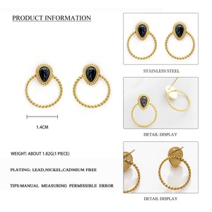 Unique Design Gold Plated Twisted Tear Drop Shape <b>Black</b> Stone <b>Stud</b> <b>Earrings</b> Stainless Steel Natural Stone <b>Earring</b> Jewelry - Product Image 5