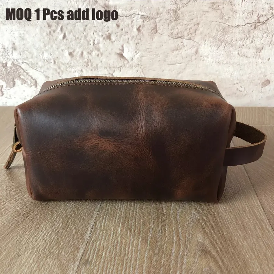 High Quality Person Dopp Kit Cosmetic Pouch Leather Toiletry Travel Mens Bag Toiletries Cowhide Customized Fashion Letter Zipper