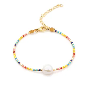 Go2Boho-Pulseras pequeñas de cuentas de colores Miyuki para mujer, brazaletes con cuentas simples, abalorios de perlas de agua dulce para playa