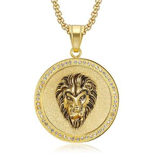 Collier pendentif tête de lion Hip Hop en acier inoxydable plaqué or pour homme, bijou de fête, motif animal du zodiaque, serti pavé - Product Image 5