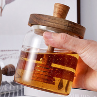 Dispensador de miel y jarabe transparente de 500 ml (16 oz) con tapa de madera, tarro de almacenamiento de miel con cucharón de madera, más vendido