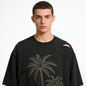 Camiseta Urbana Personalizada, Negra, Lavada, Estilo Vintage, Oversize, con Bordado Estilo <span class=keywords><strong>Death</strong></span> Metal y Agujeros - Product Image 3