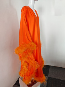 A10843 Abito da <span class=keywords><strong>Donna</strong></span> Tinta Unita Arancione con Scollo a V, <span class=keywords><strong>Vestito</strong></span> Comodo e Ampio con Finiture in Piume, <span class=keywords><strong>Elegante</strong></span> Abbigliamento da Sera - Product Image 4