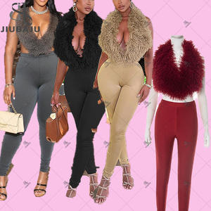 Set Fashion Seksi 2 Potong Wanita, Atasan Halter Tanpa Punggung Berbahan Plush Patchwork + Celana Skinny Polos, Pakaian Klub Keren Bergaya Hipster - Product Image 1