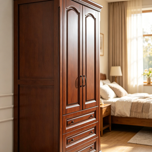 Armario Espacioso de Madera Maciza con Cajones, Armario de Almacenamiento Vintage de 2 Puertas, Armario para Ropa con Acabado en Nogal para Apartamento - Product Image 2