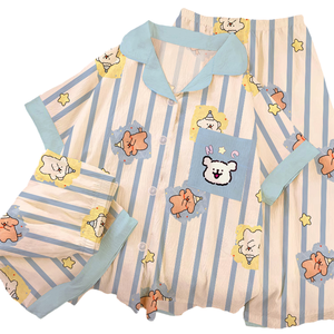 Pijamas de Algodón Estampados Personalizados con Dibujos Animados a Rayas, de Secado Rápido, para Mujer, Cintura Elástica, Conjunto de Tres Piezas, Primavera Otoño - Product Image 1