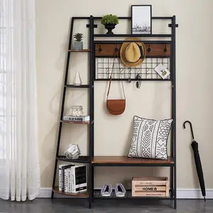 Sturdy Durable Entryway Shelf Industrial Rustic Coat Rack Stand With Storage Bench