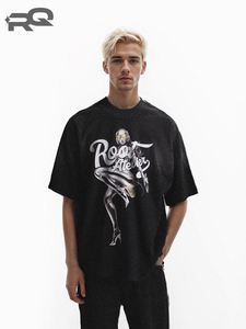 Camiseta de Manga Corta para Hombre, Estilo Vintage, Lavado al Agua, Corte Holgado, 100% Algodón, 280 Gramos, Tejido de Punto, Estilo Casual con Estampado en el Cuello - Product Image 3