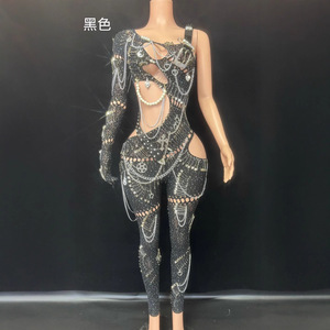 Mono Negro Ajustado con Cadena para Mujer, Ropa de Actuación en Escenario, Manga por Encima de la Rodilla, Borla, Sexy, para Fiesta Nocturna - Product Image 2