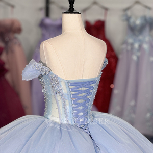 Robe de bal de Quinceañera bleu clair Dy1309-2 avec appliques en mousseline, taille naturelle, longueur maxi, antistatique, 100 % coton, style soirée - Product Image 3