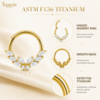Anneau de septum articulé élégant en titane ASTM F136 avec zircone cubique marquise, 8mm 10mm, pour piercing hélix vertical et anneaux de nez pour femmes