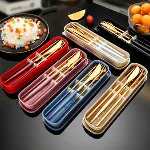 Ensemble de couverts portables en acier inoxydable de haute qualité avec logo personnalisé, couteau, fourchette, cuillère, baguettes dorées, moderne pour étudiants et bureau - Product Image 3