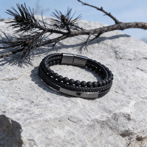 Personalized Gold Plated Simple Multi Layer Leather Woven <b>Stainless</b> <b>Steel</b> Bar Men's Bracelet - Product Image 6