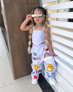 Fashion Baby Girl Young Girl Street Style White Tank Top And Cartoon Printed Long Pants 2pcs/Set For Summer