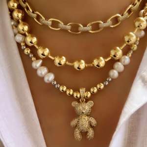 Collar de Moda con Dije de Oso y Perlas de Agua Dulce, <span class=keywords><strong>Cadena</strong></span> de Eslabones de Cobre Chapada en Oro de 18K, Conjuntos de Joyería tipo Gargantilla para Mujer - Product Image 1