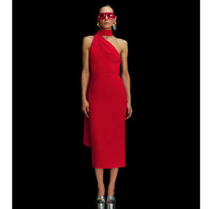 Vestido Midi Elegante de Verano para Mujer, Cuello Halter, Cintura Natural, Detalle de Bufanda, Fibra de Poliéster, Corte Entallado - Product Image 2