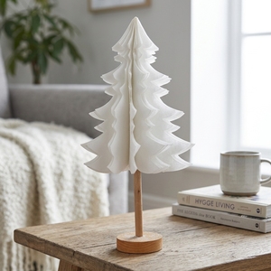 Décoration <span class=keywords><strong>de</strong></span> Noël pliable en papier nid d'abeille blanc, arbre <span class=keywords><strong>de</strong></span> Noël pliable, base en <span class=keywords><strong>bois</strong></span> éco-responsable minimaliste, arbre <span class=keywords><strong>de</strong></span> cheminée - Product Image 1