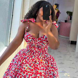 เดรสแขนกุดเข้ารูปของผู้หญิงมินิเดรสจับจีบคอเหลี่ยมพิมพ์ลายย้อนยุคแฟชั่นฤดูร้อน - Product Image 3