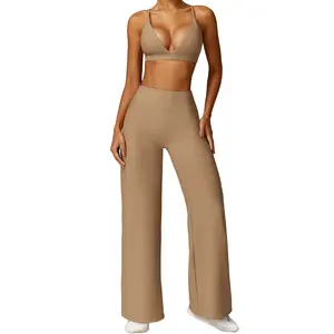 Mulheres Stretchy Soft Ribbed Lightweight Dance Flare Pants and Bra Set