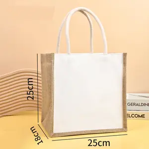 Branded Cheap Jute Woven Fabric Hand Bags Letter Pattern For Promotional Use