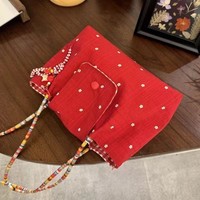 Sac à bandoulière mode rouge de grande capacité de style coréen, fermeture à glissière à sangle unique, doublure en polyester, motif à pois, polyvalent en eau