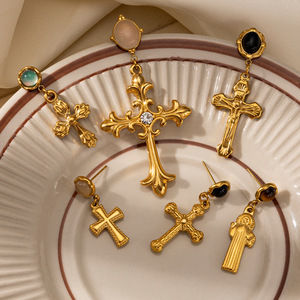 Luxury Stainless Steel Cross Drop Earrings for Women Retro Natural Stone Inlaid Stud Earrings Opal Fashion <strong>High</strong>-<strong>End</strong> <strong>Jewelry</strong> - Product Image 3