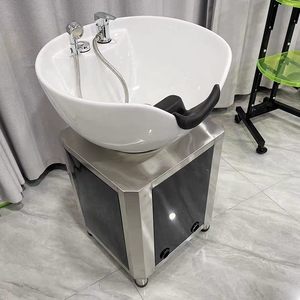 Lavacabezas vertical de cerámica para salón de belleza, con asiento y sistema de descarga rápida - Product Image 4