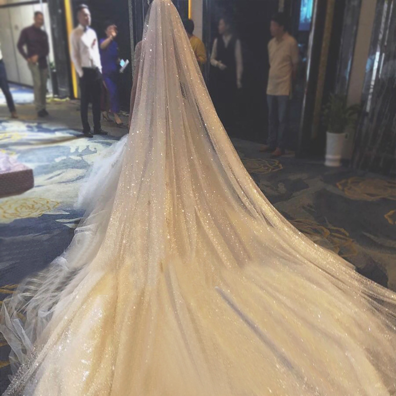 Kerudung Panjang Pernikahan Gadis Katedral Elegan 3.5 M Berkilau Tulle Lembut Indah dengan Kilau Bertitik Perak untuk Kerudung Pengantin