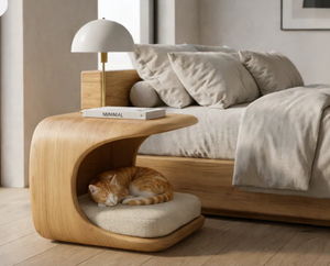 Luxury Style Modern Solid Wood Nightstand with Built in Pet Bed Easy Assemble Wooden Curved Bedside <b>Table</b> for Cats - Product Image 2