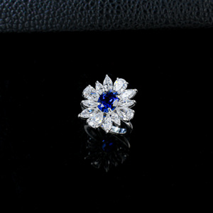 S925 Sterling Silver Lab-Grown Sapphire <b>Ring</b>, Oval Cut <b>Sunflower</b> Halo Engagement <b>Ring</b> - Product Image 4