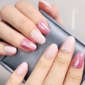 Prensa ovalada corta enjoyada hecha a mano en las <span class=keywords><strong>uñas</strong></span> para las niñas 3D beauty Faux ongles DE LUXE Pink Glitter stick on nails tips no C curve - Product Image 2