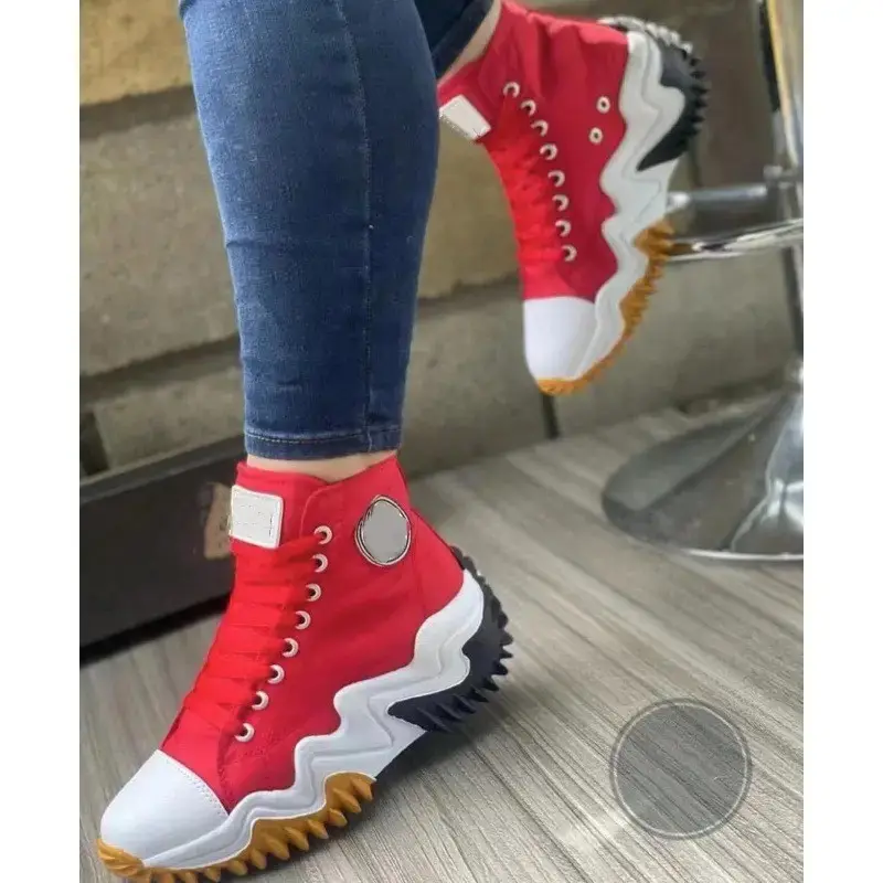 Fashion Solid Color Plus Size Casual High-tops Thick Sole Serrated Women's Platform Sport Breathable Lace-up Casual shoes