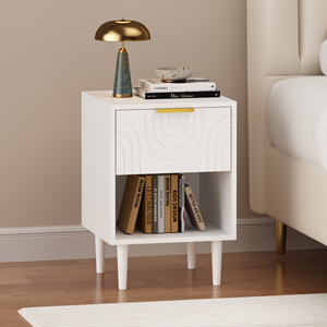 Modern White Nightstand 22.83 H One Drawer <b>Open</b> Shelf Gold Accented Handle Bedroom Decor - Product Image 6