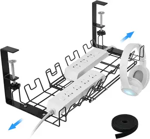 Cable Duct Desk No Drilling Table Adjustable Length 37-49cm Cable Management Tray for Office Kitchen Home