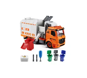 कचरा ट्रक खिलौने, घर्षण संचालित अपशिष्ट प्रबंधन रीसाइक्लिंग ट्रक खिलौना 4 कचरा डिब्बे खिलौना वाहन प्रकाश और ध्वनि के साथ सेट ABS