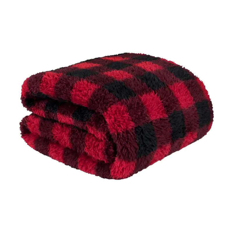 Lujosa manta de Sherpa esponjosa de lana a cuadros de búfalo rojo y negro Manta cálida regalo de Navidad buena elección manta estampada