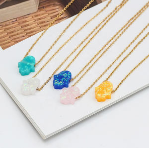 Nuova collana girocollo a mano in acciaio inossidabile placcato oro 18 carati a forma di mano Hamsa a più colori per donna - Product Image 3