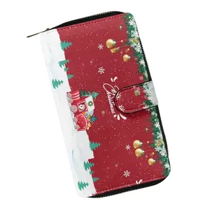 Venta directa de fábrica, billetera de moda para mujer, monedero largo, BILLETERA, tarjeta, bolso de mano de PU, estampado a pedido, billetera de diseño navideño