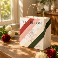 Sac de shopping en papier kraft écologique à motif de roses imprimé sur mesure avec ruban de luxe pour emballage cadeau et poignées, finition mate